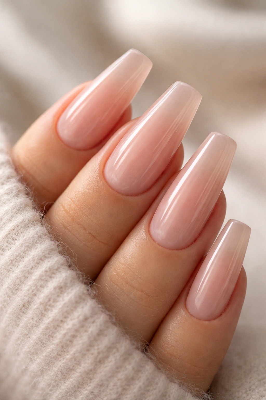 Pink-beige jelly nails on ballerina shape with translucent finish
