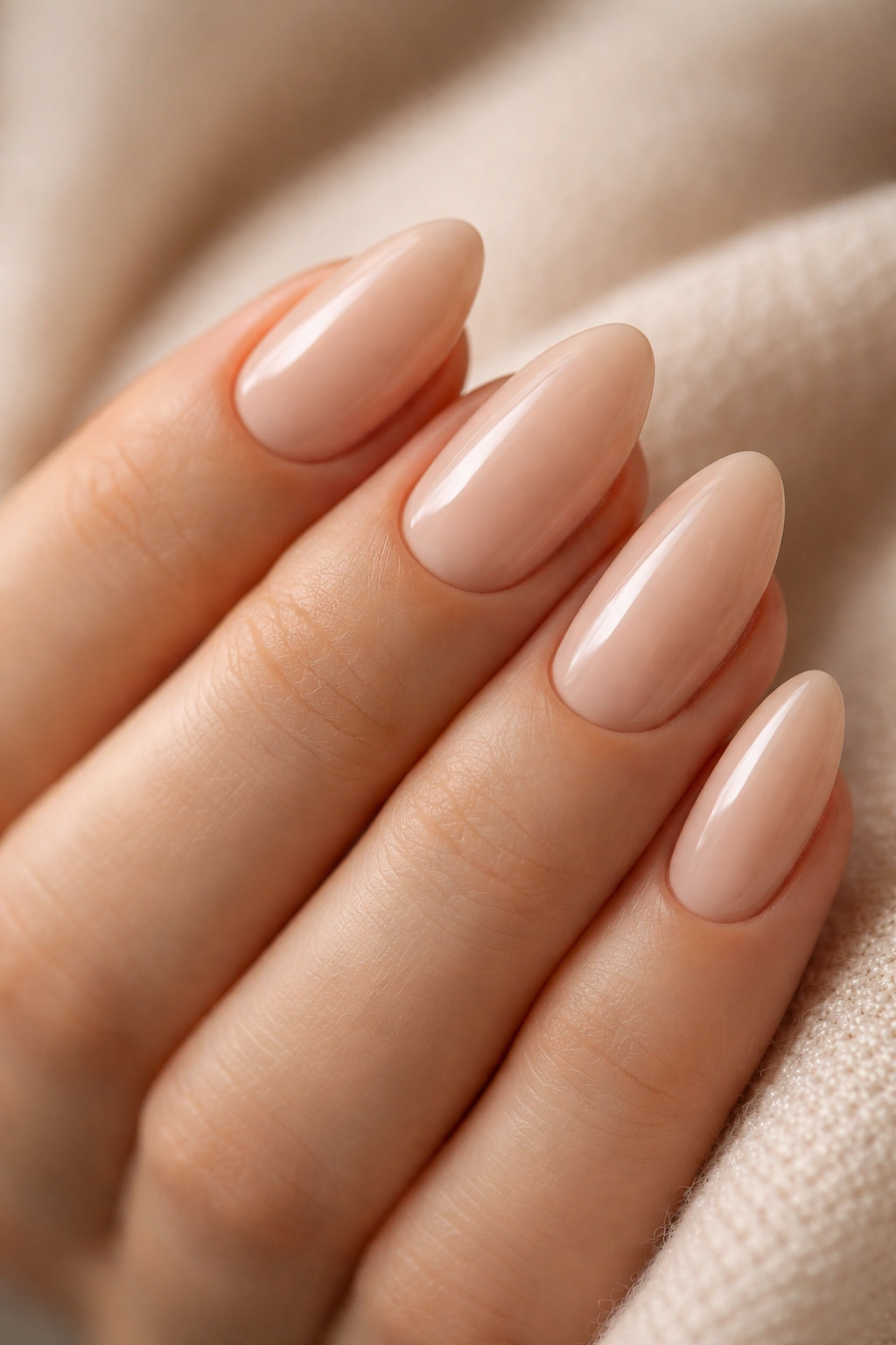 Close-up of a creamy pink-beige almond nail
