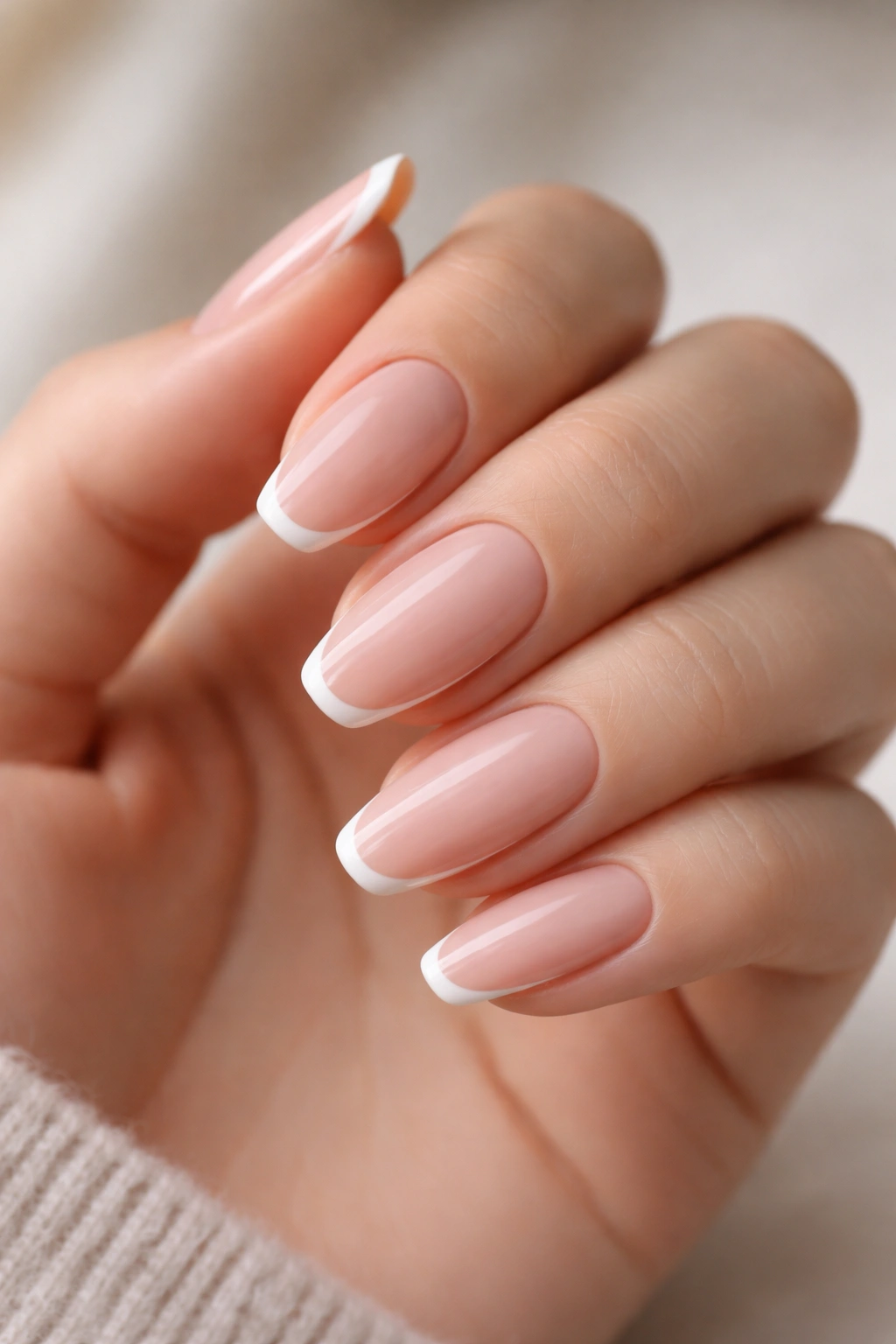 Pink-beige nails with ultra-thin French outline on medium ballerina nails