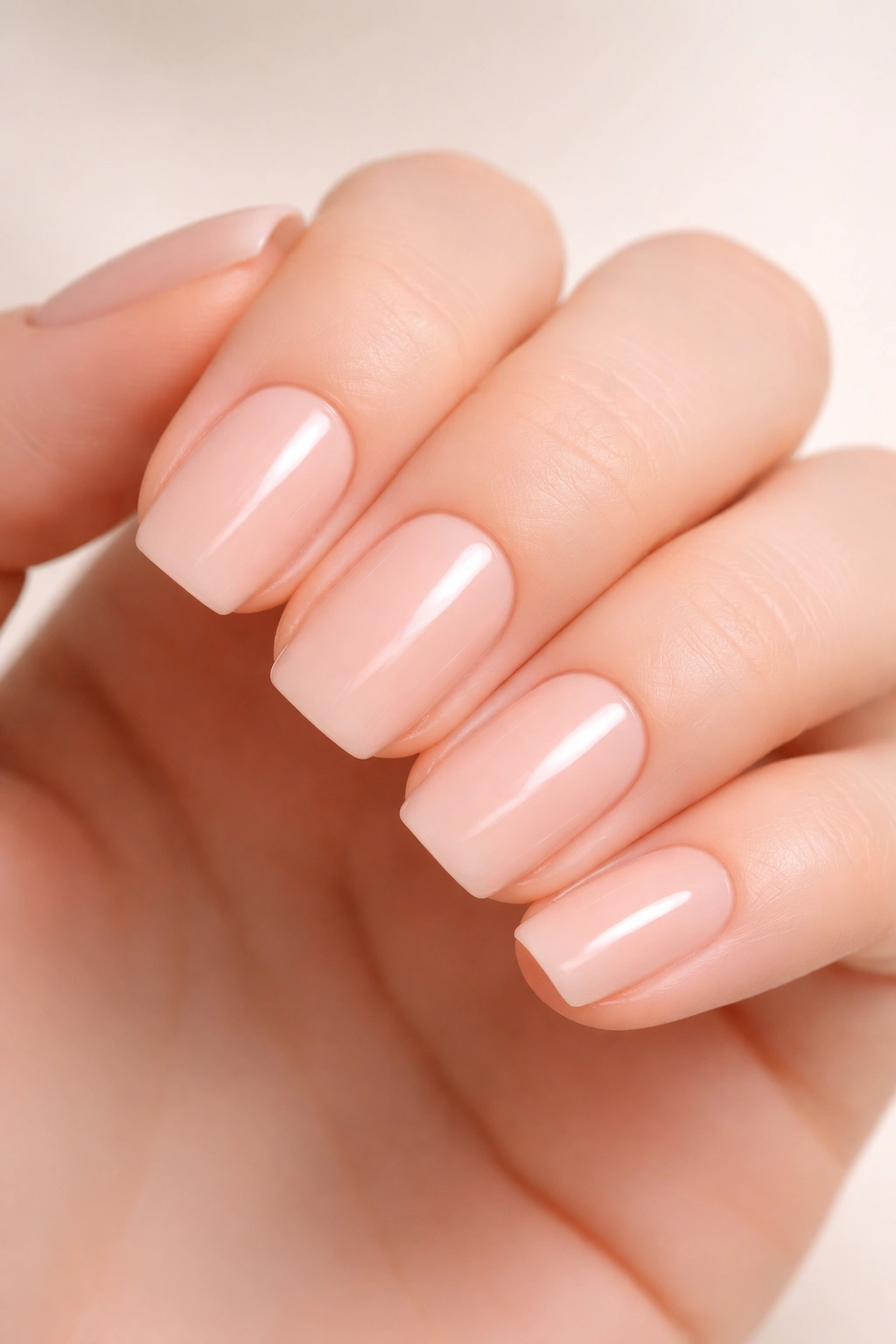 Close-up of short squoval nails in Creamy Pink-Beige for Pale Skin.