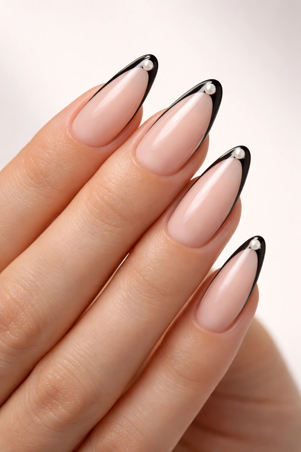 Close-up of nails with pale pink base, black outer edge line, and a pearl at the corner