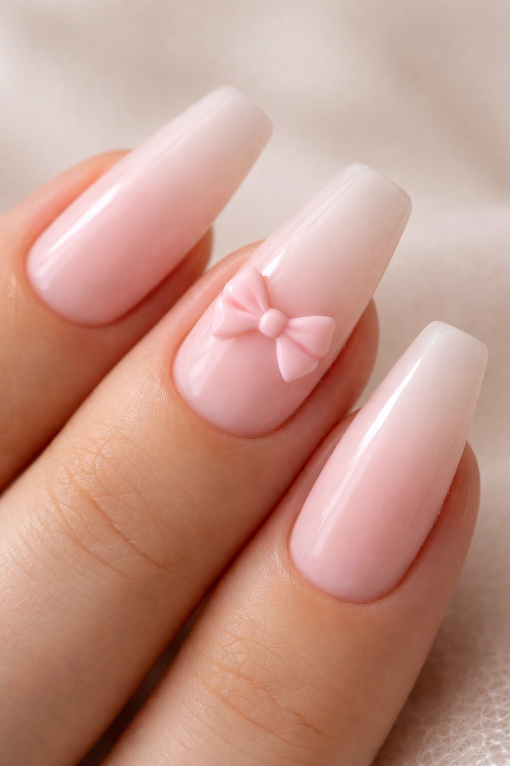 Close-up of a milky pink ballerina nail with a single pale pink 3D bow accent near the cuticle.