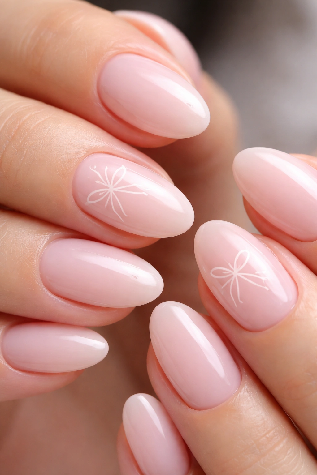 Delicate bow line on pink almond nails on one accent nail