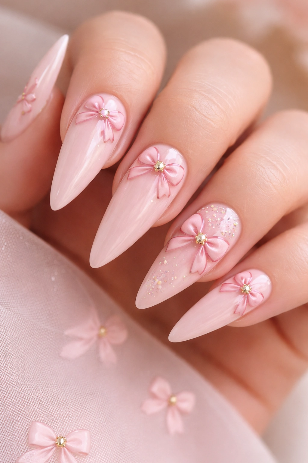 Blush pink stiletto nails with tiny bows and subtle metallic accents