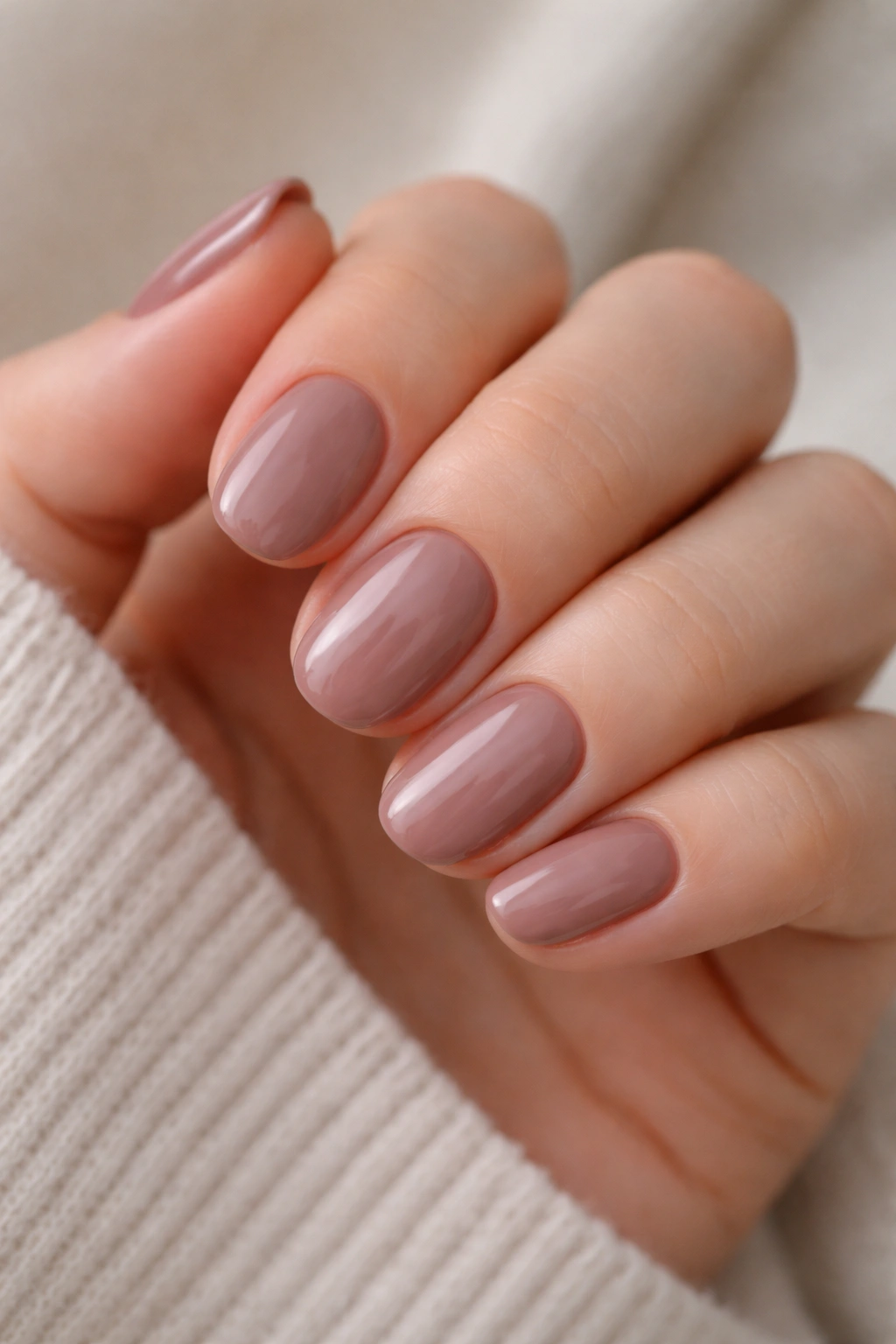 Close-up of short oval nails in pink-brown taupe