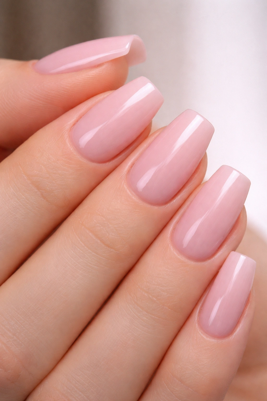 Pink builder gel nails with barely-there apex