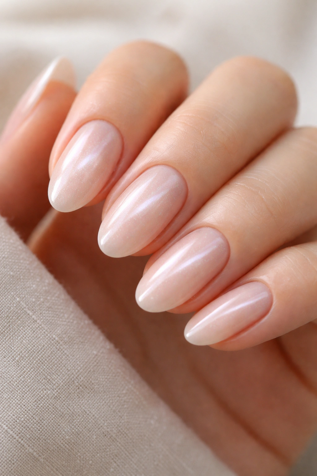 Short almond nails with pale pink cat-eye glaze and glossy finish