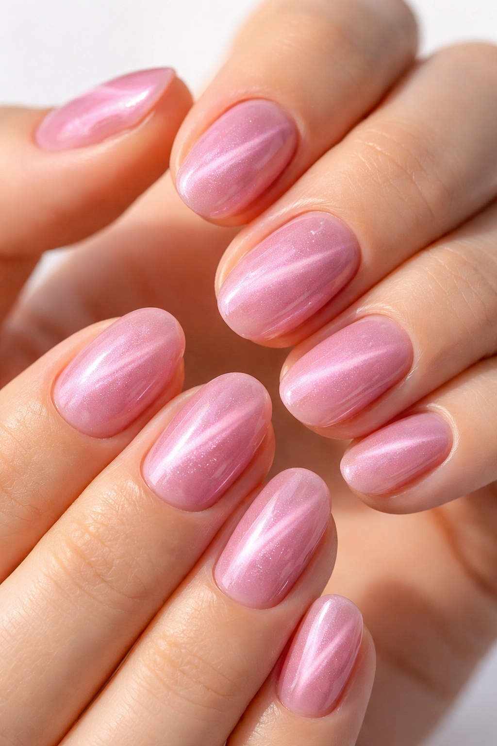 Close-up of short oval nails with pink cat-eye gel showing off-center diagonal shimmer