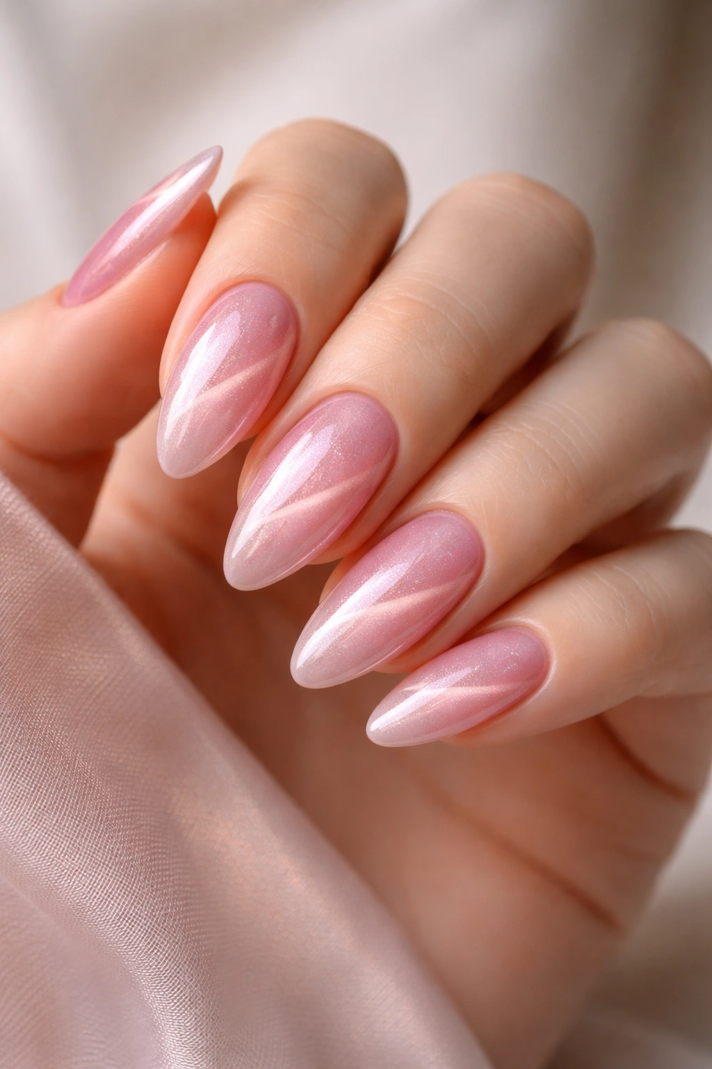 Close-up of pink cat-eye almond nails with shifting shimmer line