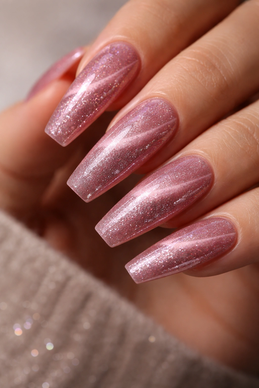 Pink cat-eye ballerina nails with glitter depth