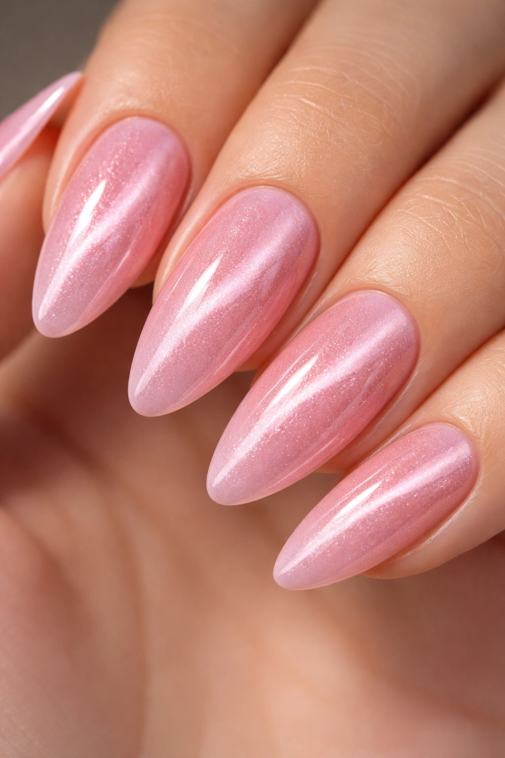 Close-up of pink cat eye nails showing magnetic stripe effect