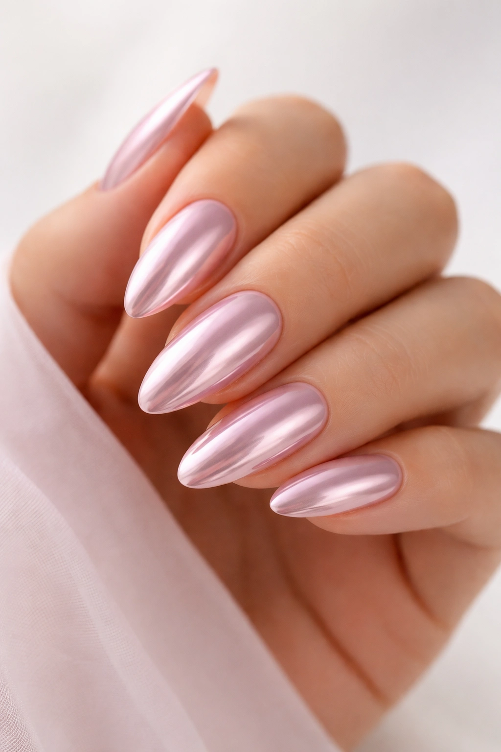 Close-up of pink chrome almond nails with reflective finish