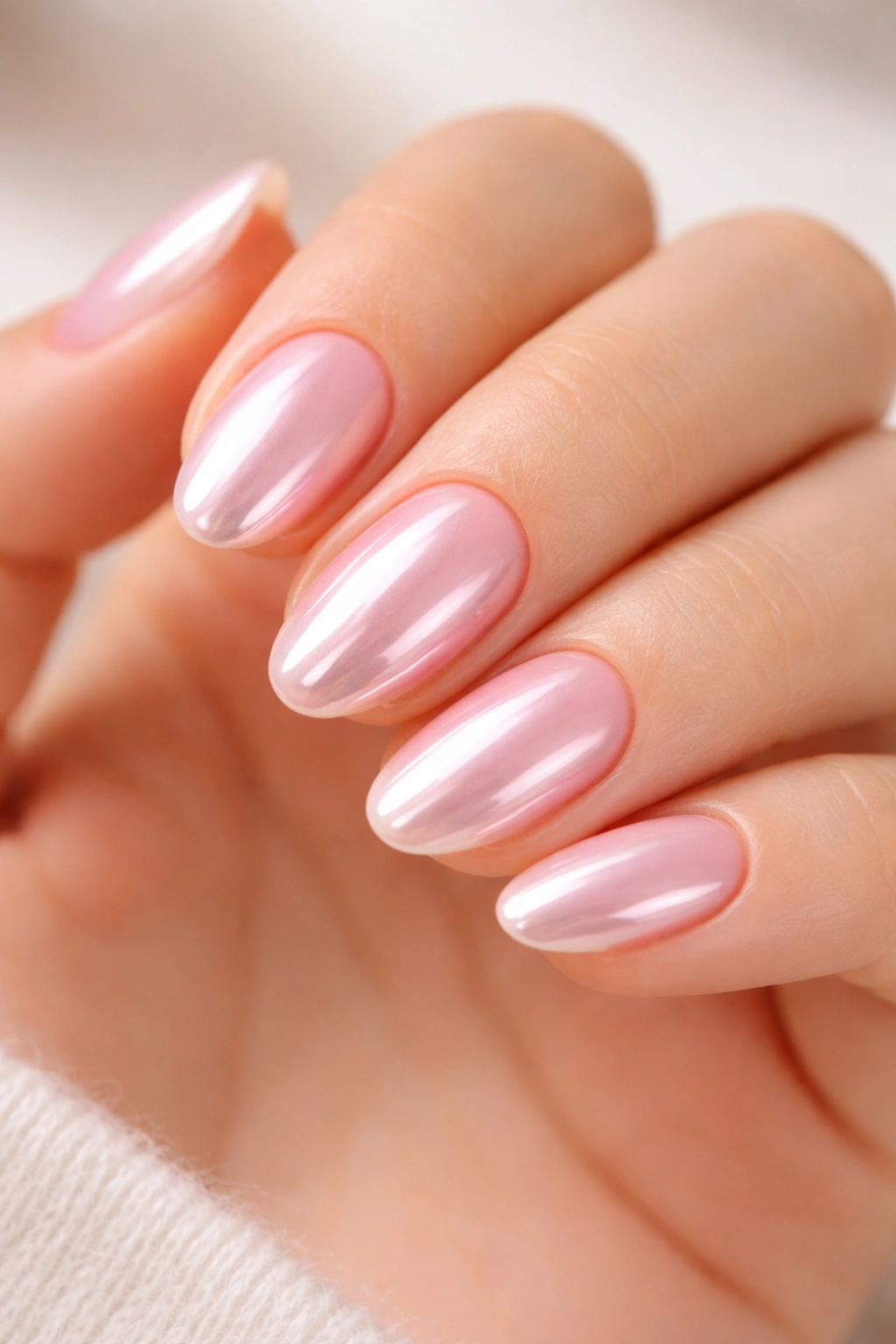 Short almond nails with pink chrome on pale pink base