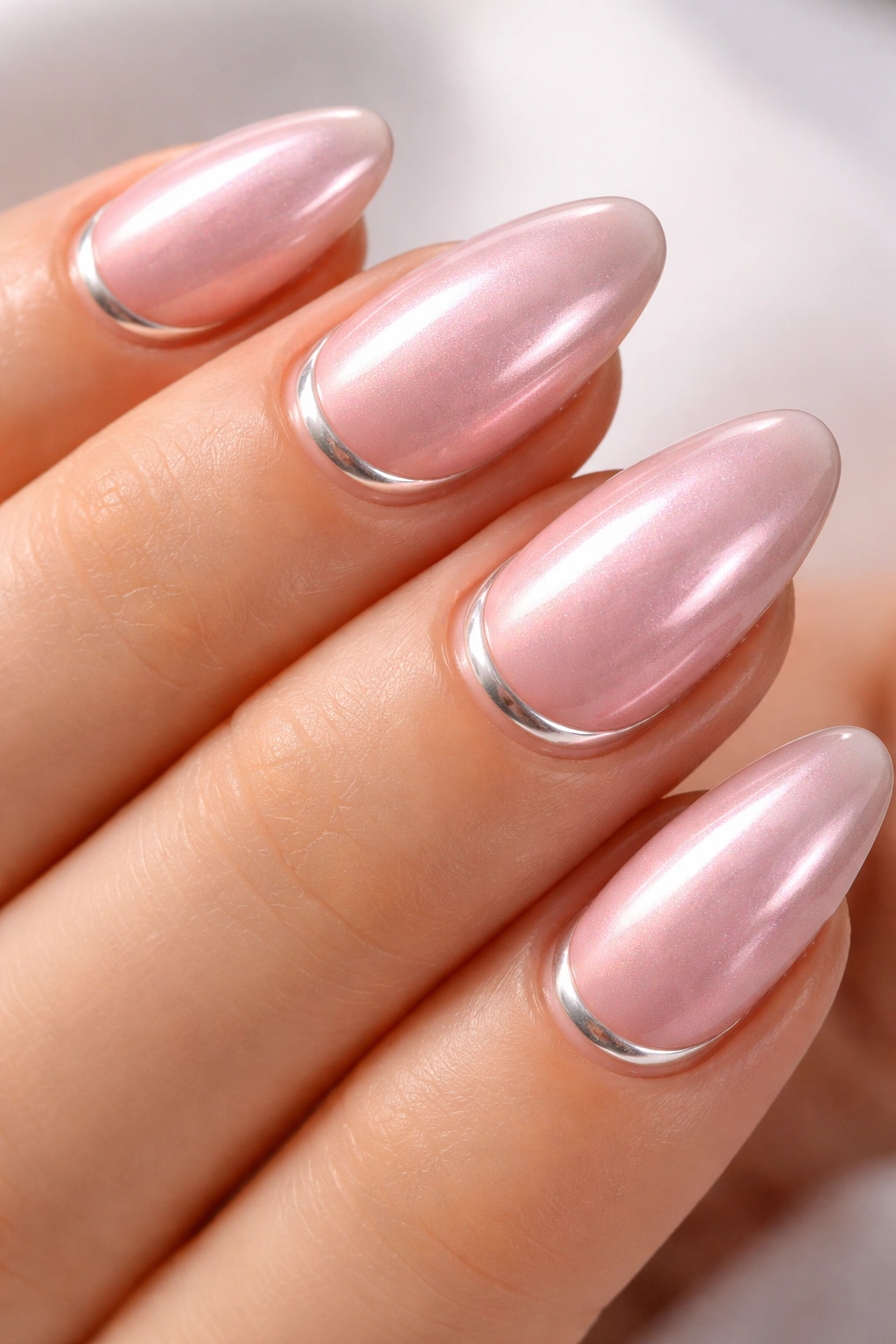 Close-up of short almond nails with baby pink chrome and glossy cuticle rings
