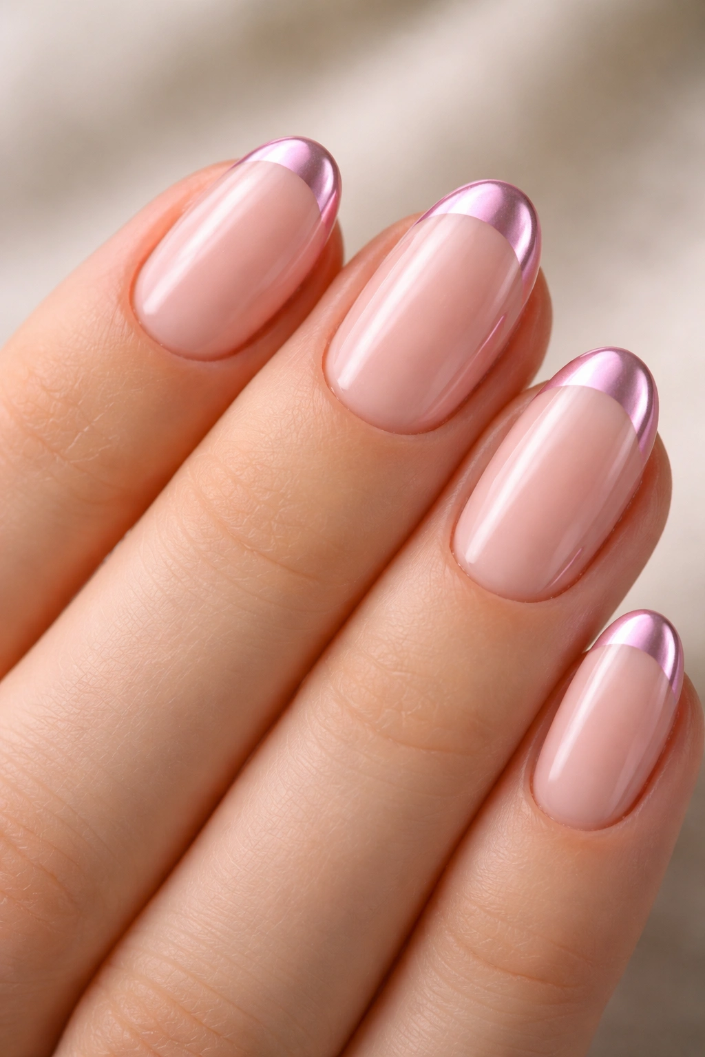 Close-up of short oval nails with pink chrome French tips