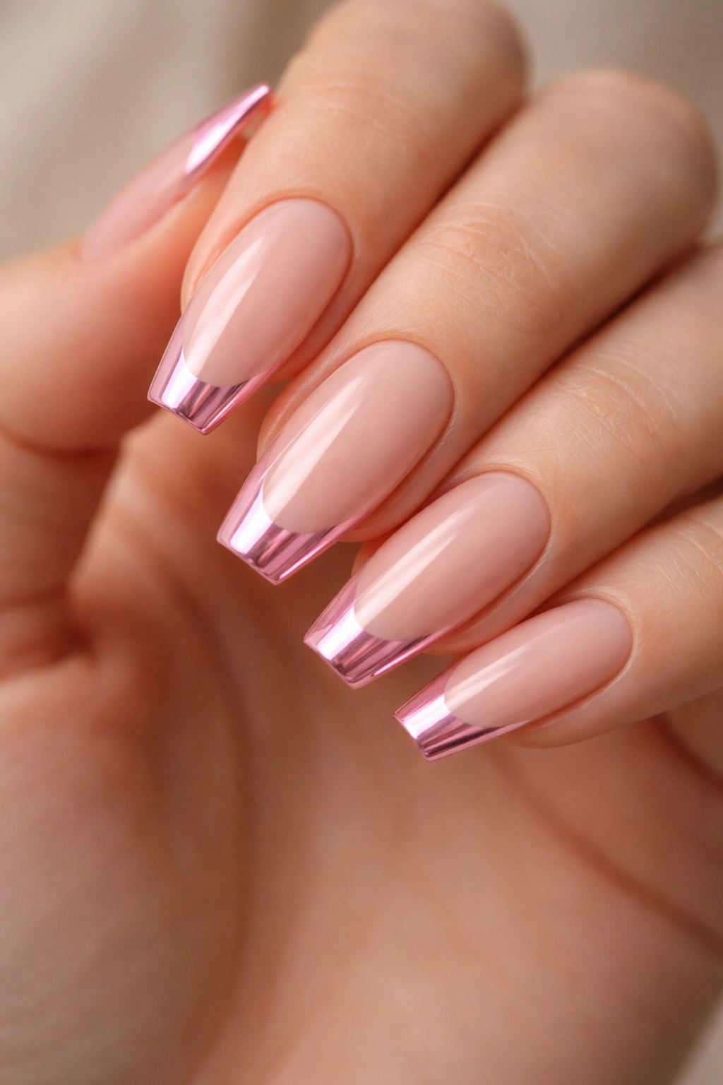 Nude base nails with pink chrome French edge on the free edge, ballerina shape