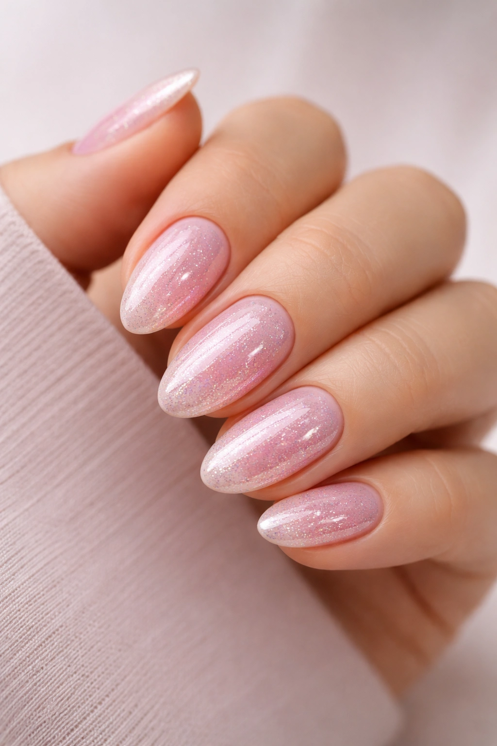 Close-up of pink chrome glitter blend on short almond nails with pink base and chrome accents