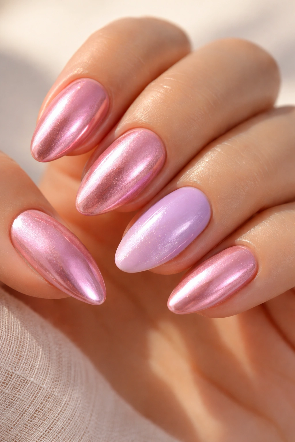 Pink chrome nails with lilac accent nails