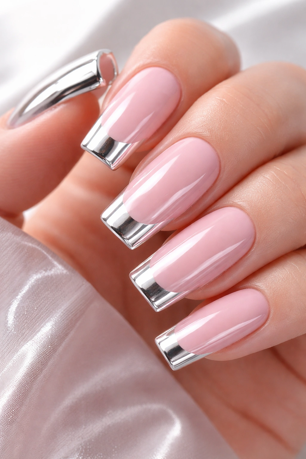 Baby pink nails with chrome detailing on square nails