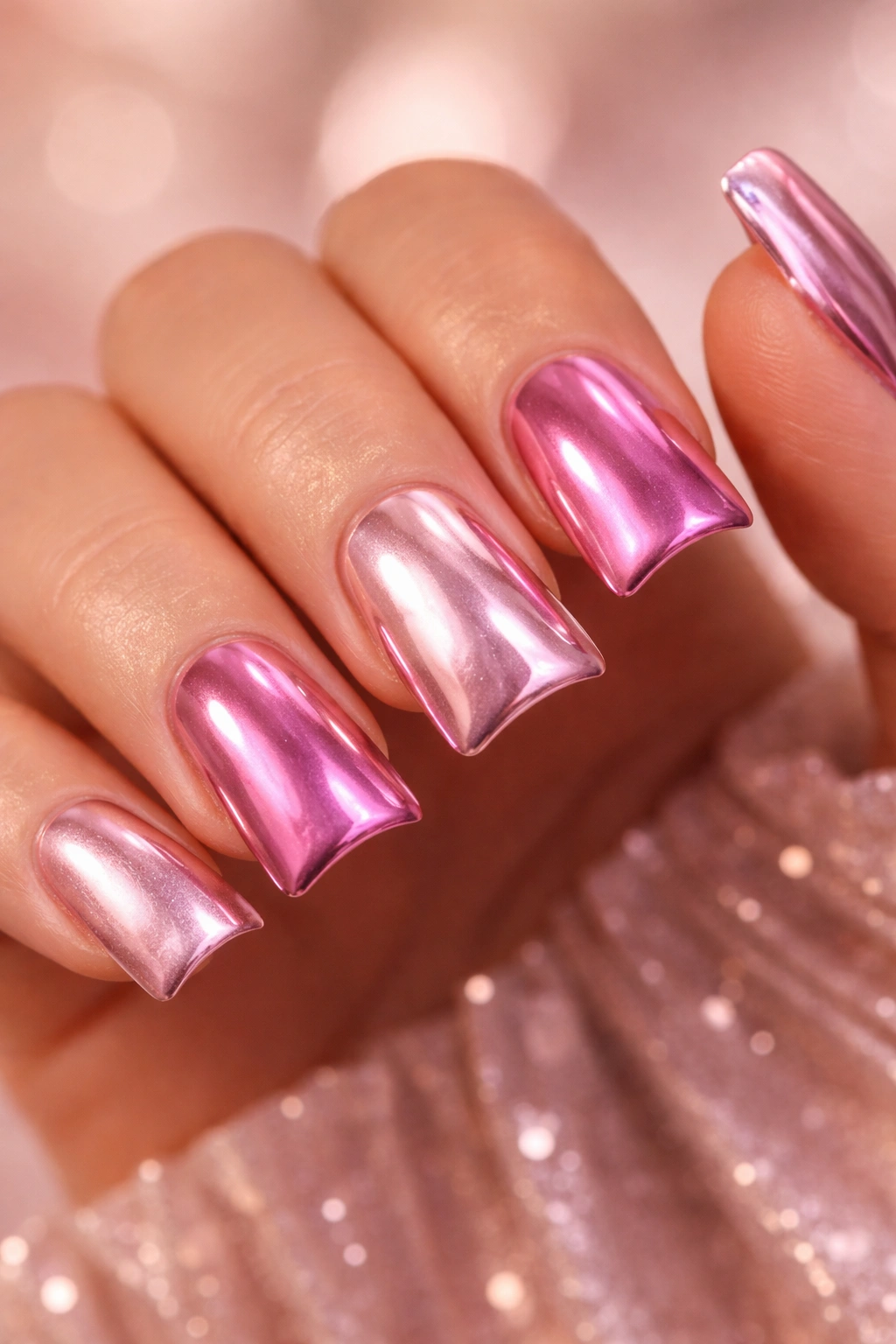 Short duck nails in pink metallic chrome shades