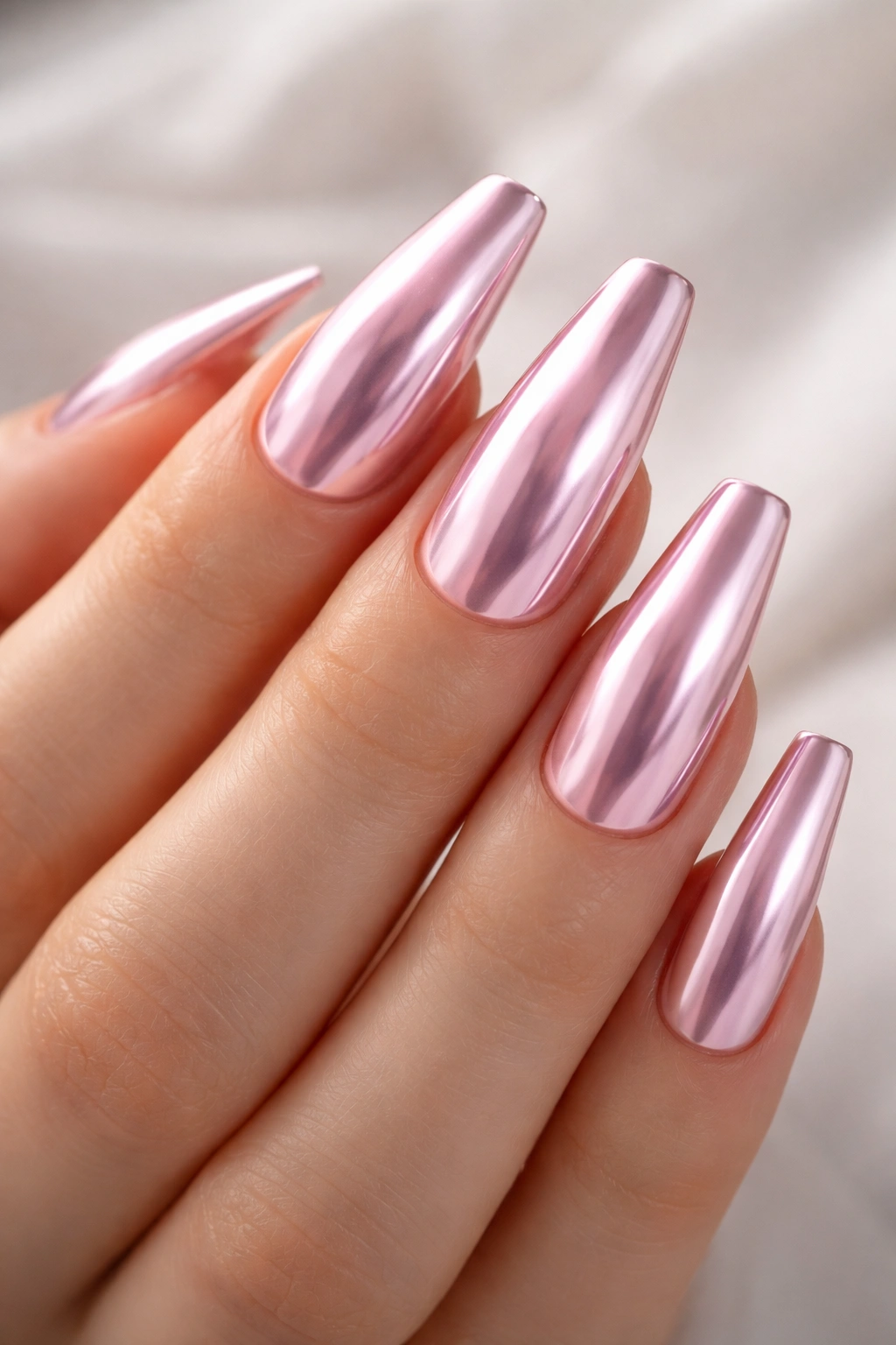 Close-up of soft pink chrome nails with mirror-like finish.
