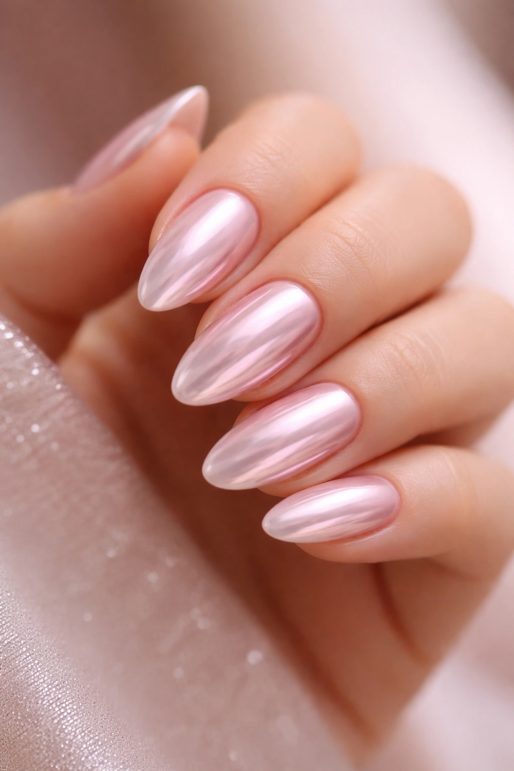 Close-up of pink chrome almond nails reflecting light