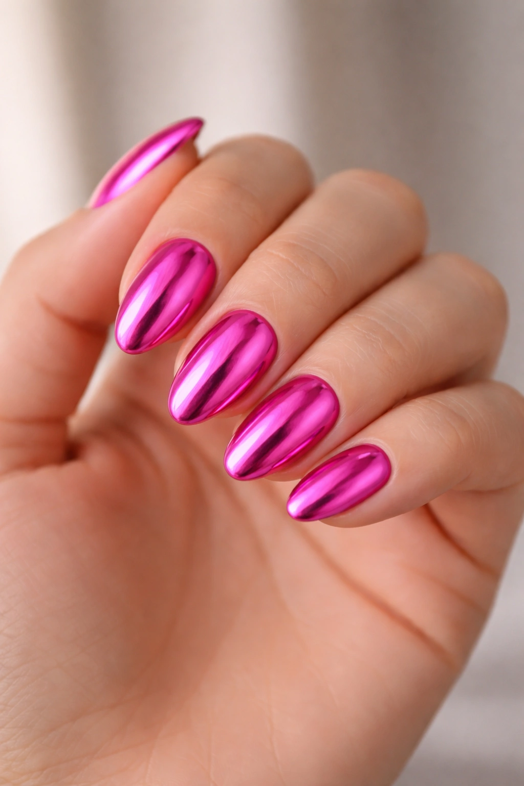 Close-up of hot pink chrome almond nails with a reflective finish