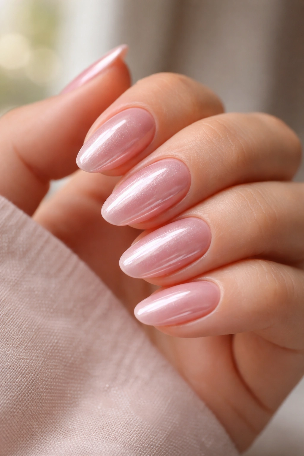 Short almond nails with pink chrome glaze and pearly sheen