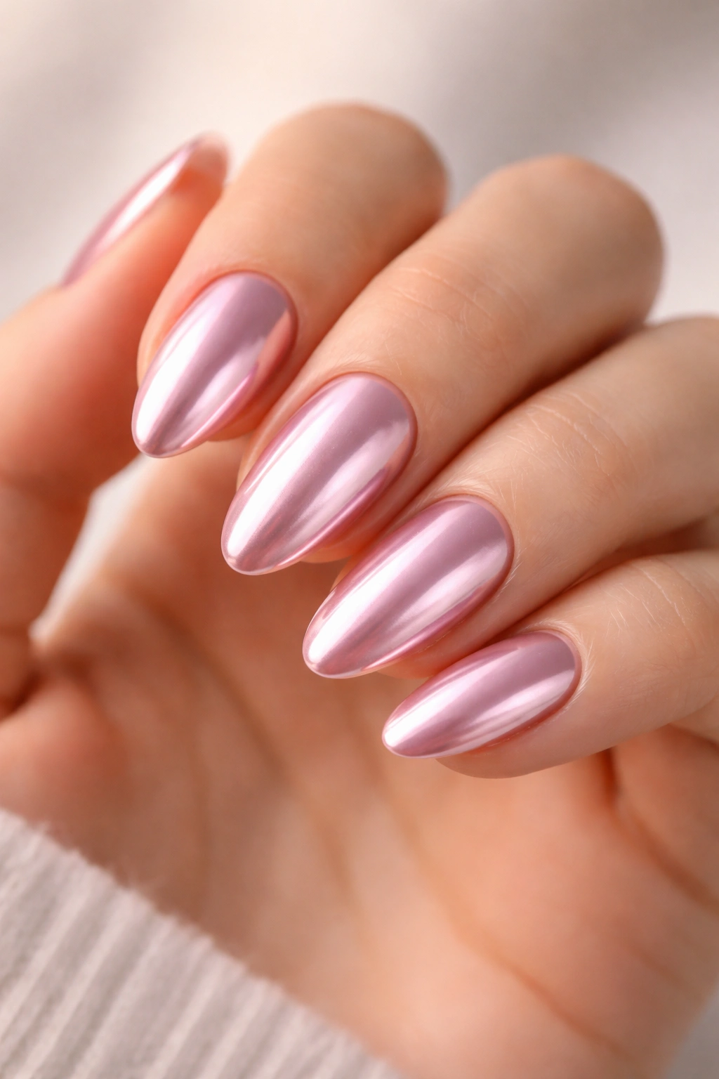 Close-up of pink chrome almond nails with a mirror finish