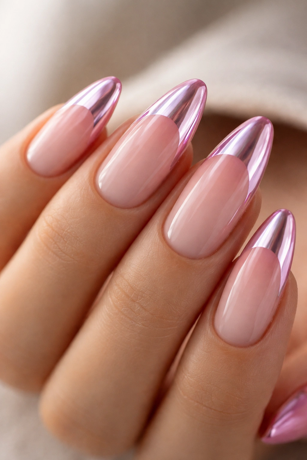 Close-up of almond nails with pink chrome tips reflecting light