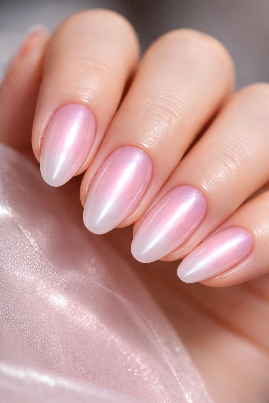 Pink chrome nails with white centered aura fade on short almond nails