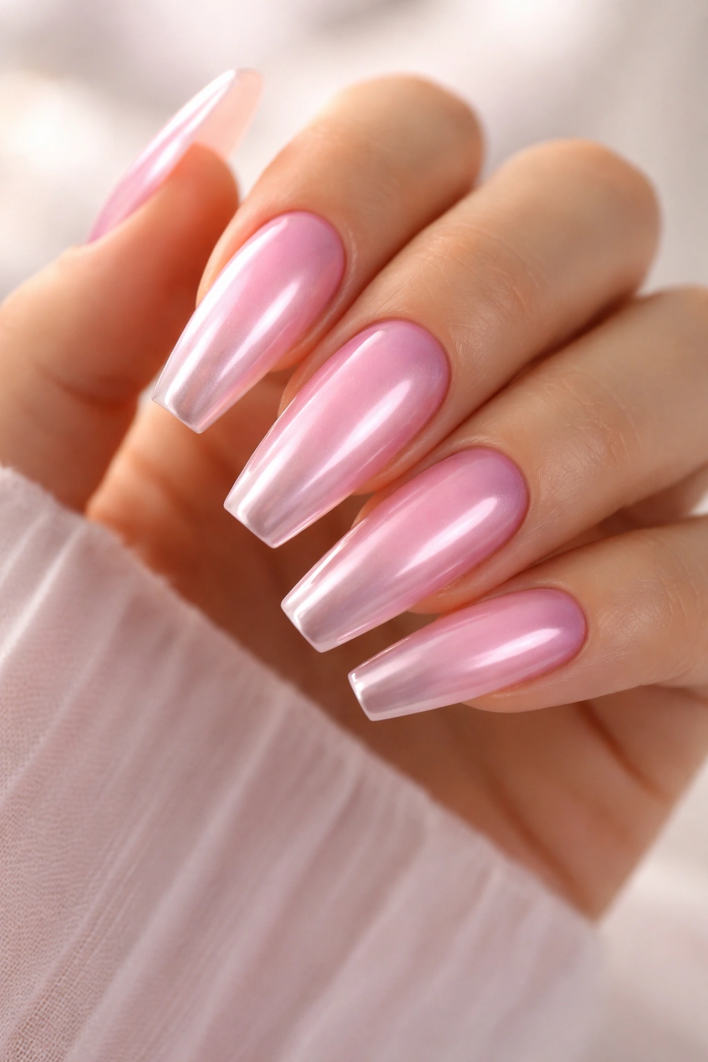 Close-up of pink chrome aura nails with center glow on ballerina nails
