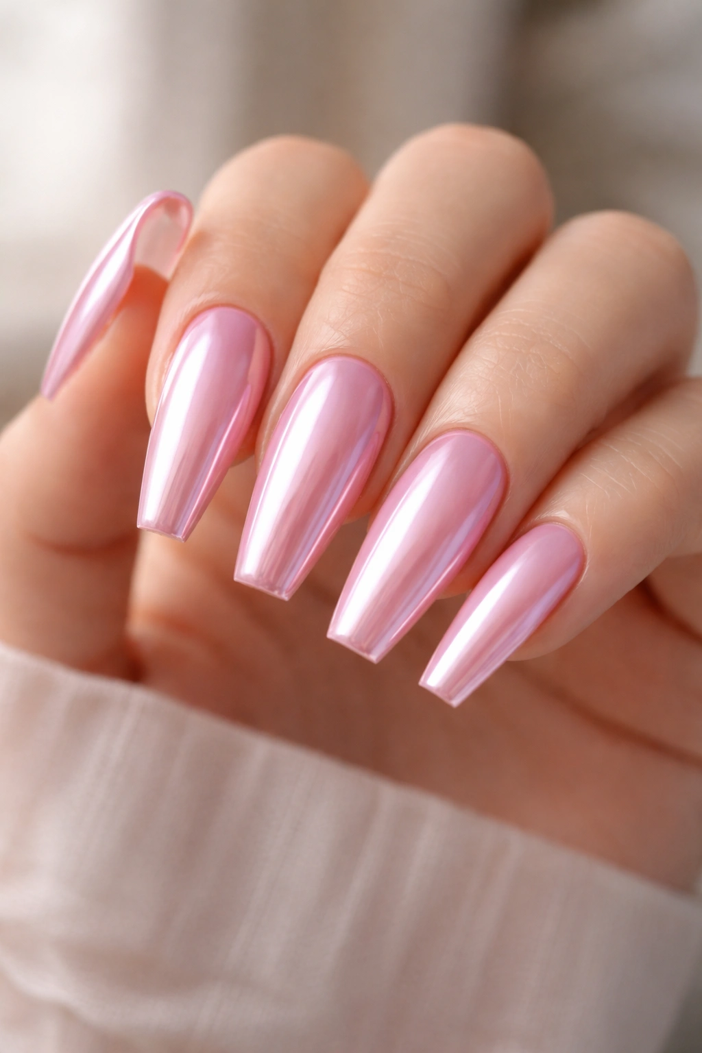 Close-up of pink chrome shade on ballerina nails with soft color shift