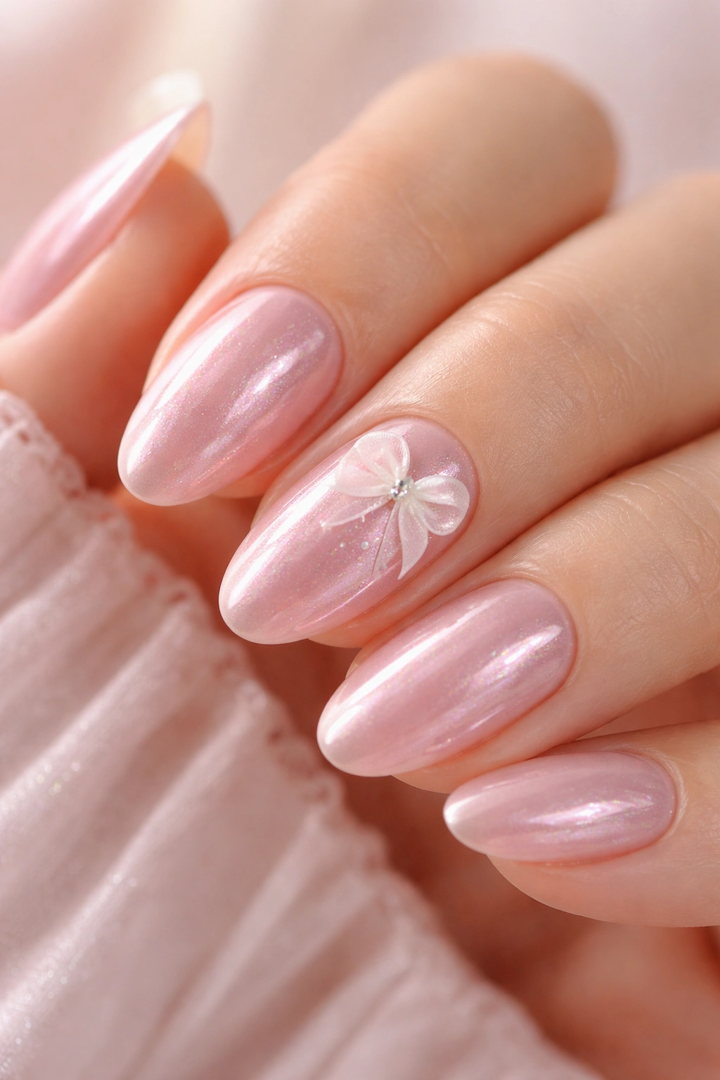 Pink chrome almond nails with a ribbon bow