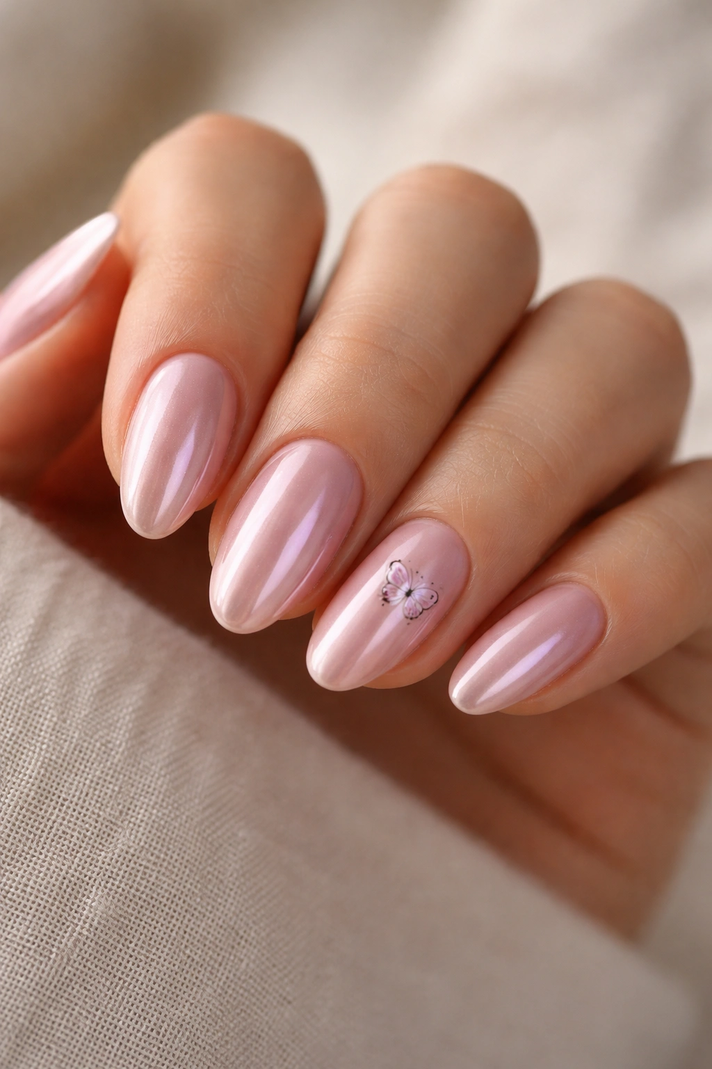 Short almond nails with pink chrome and tiny butterfly accents