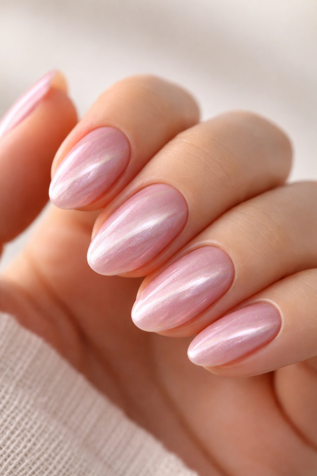 Close-up of soft pink cat-eye chrome on short almond nails