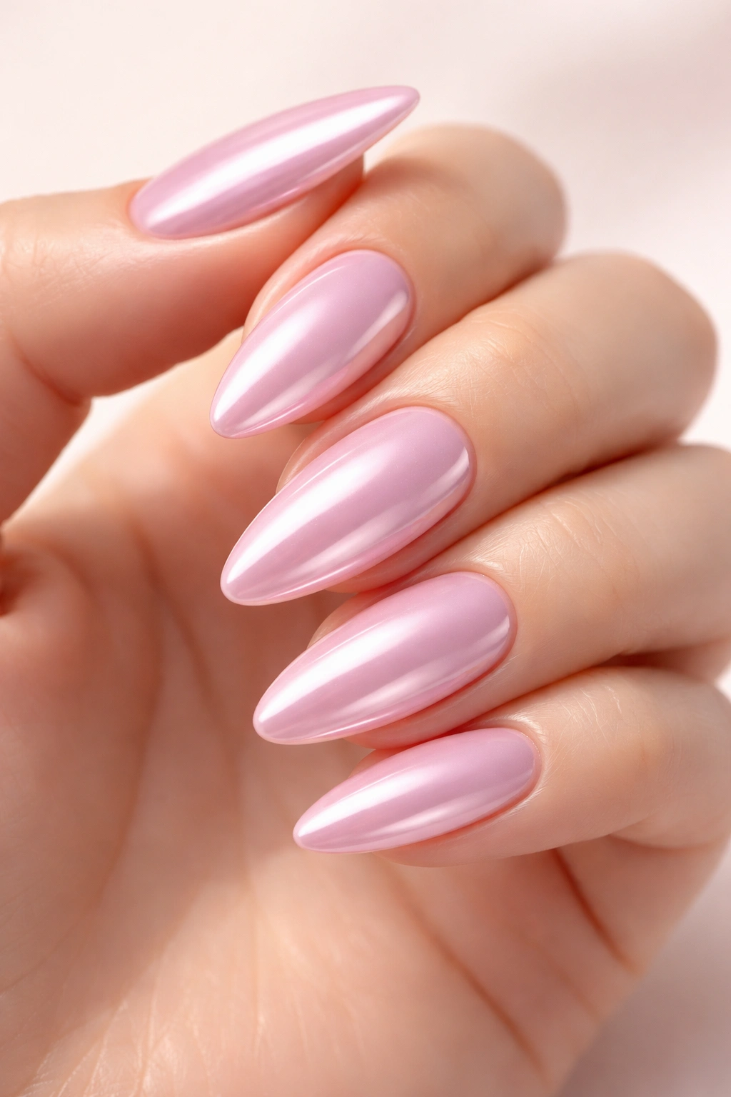 Hand with pink chrome nails reflecting light
