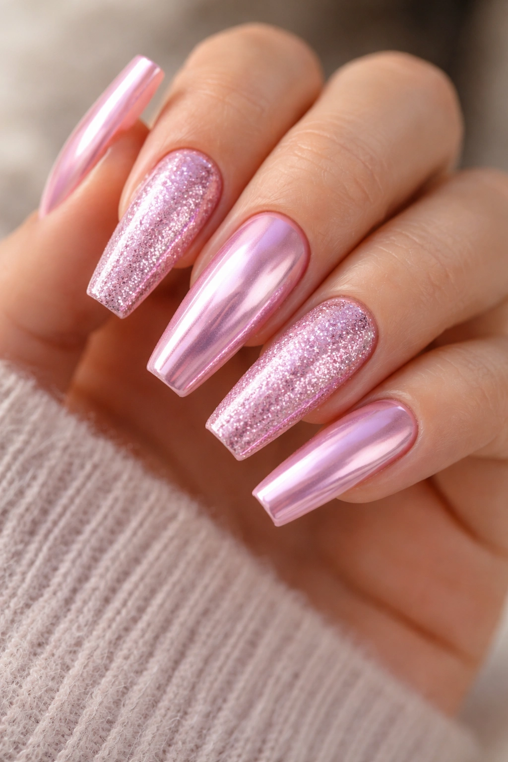 Nails with cotton candy pink chrome and fine glitter mix