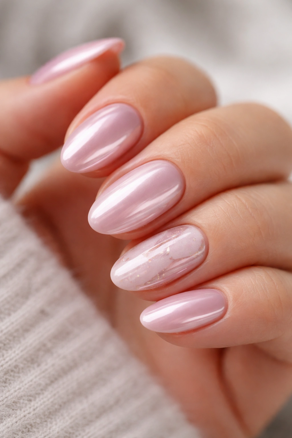 Close-up of short almond nails with baby pink chrome and a subtle marble accent nail