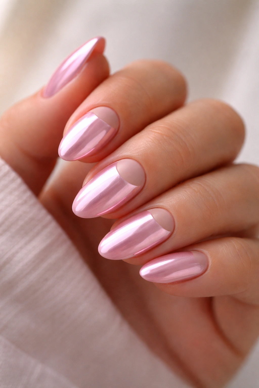Close-up of short almond nails with pink chrome and a nude negative-space accent on one nail