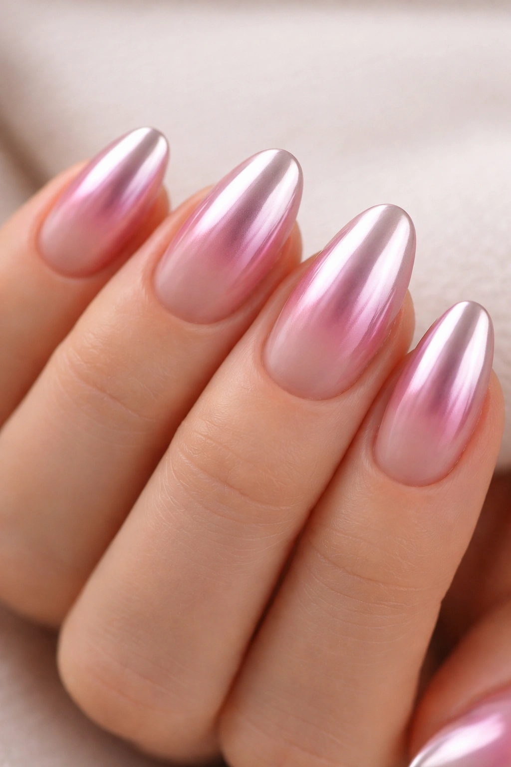 Close-up of pink chrome ombré fade on short almond nails
