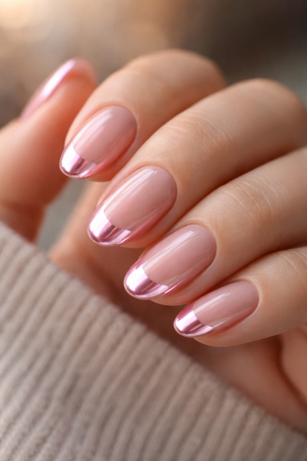 Close-up of short oval nails with pink chrome tips on sheer base