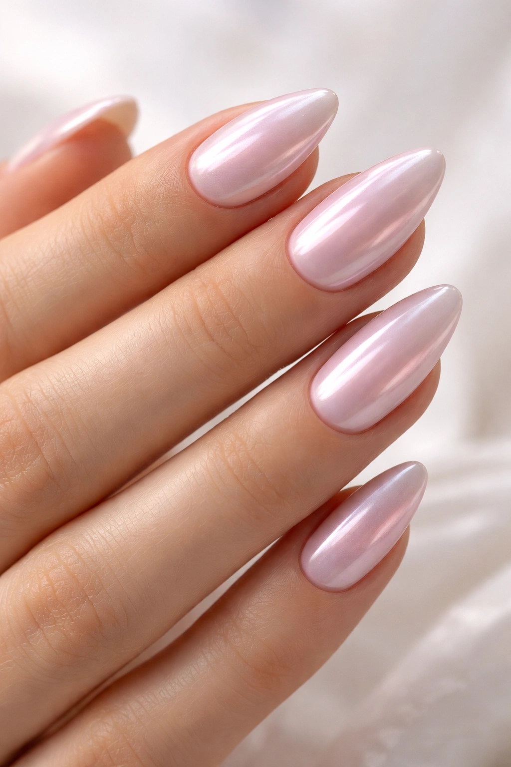 Close-up of pink pastel almond nails with a soft pearly chrome sheen.