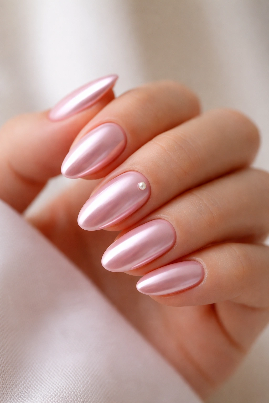 Short almond nails with baby pink chrome and a single tiny pearl accent