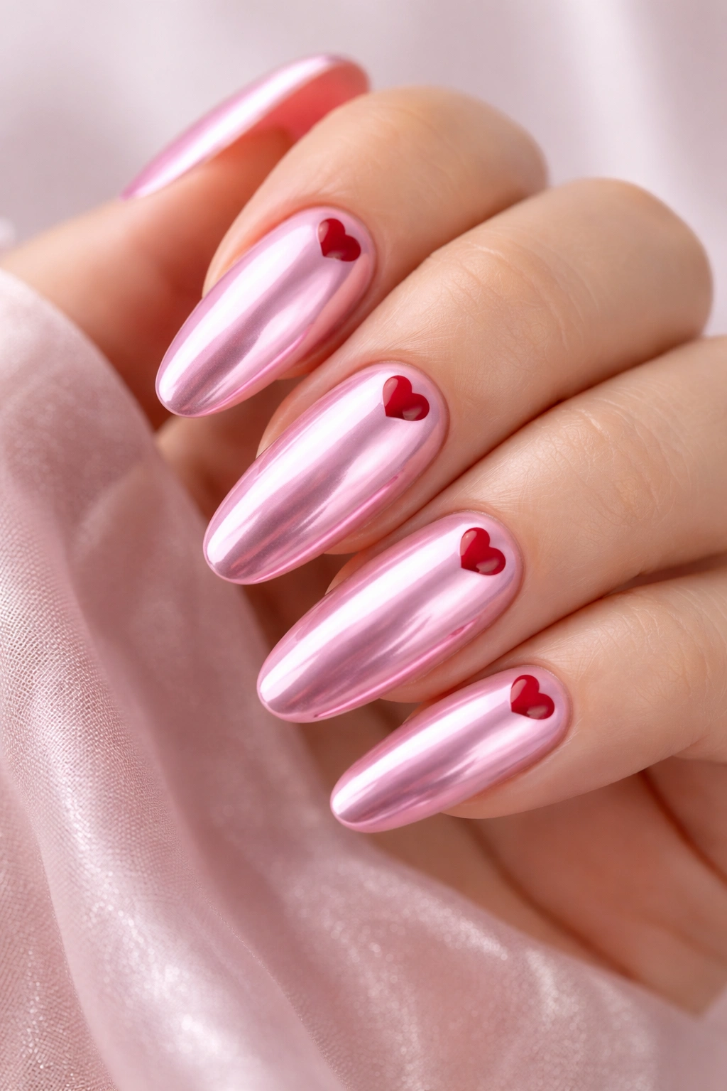 Close-up of pink chrome nails with red heart accents on a neutral background