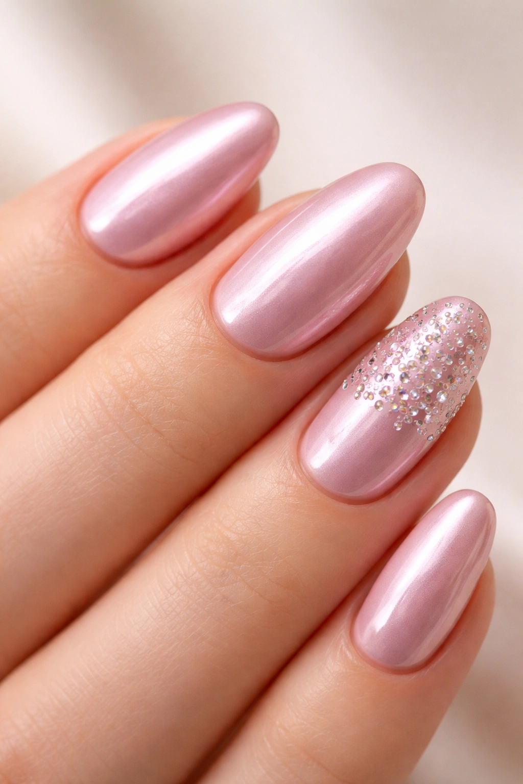 Close-up of pink chrome nails with tiny rhinestones on an accent nail