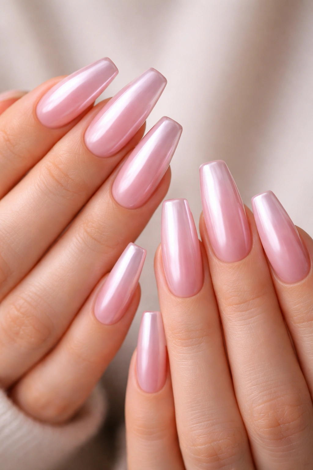 Nails with sheer ballet pink and pearl chrome on ballerina shape