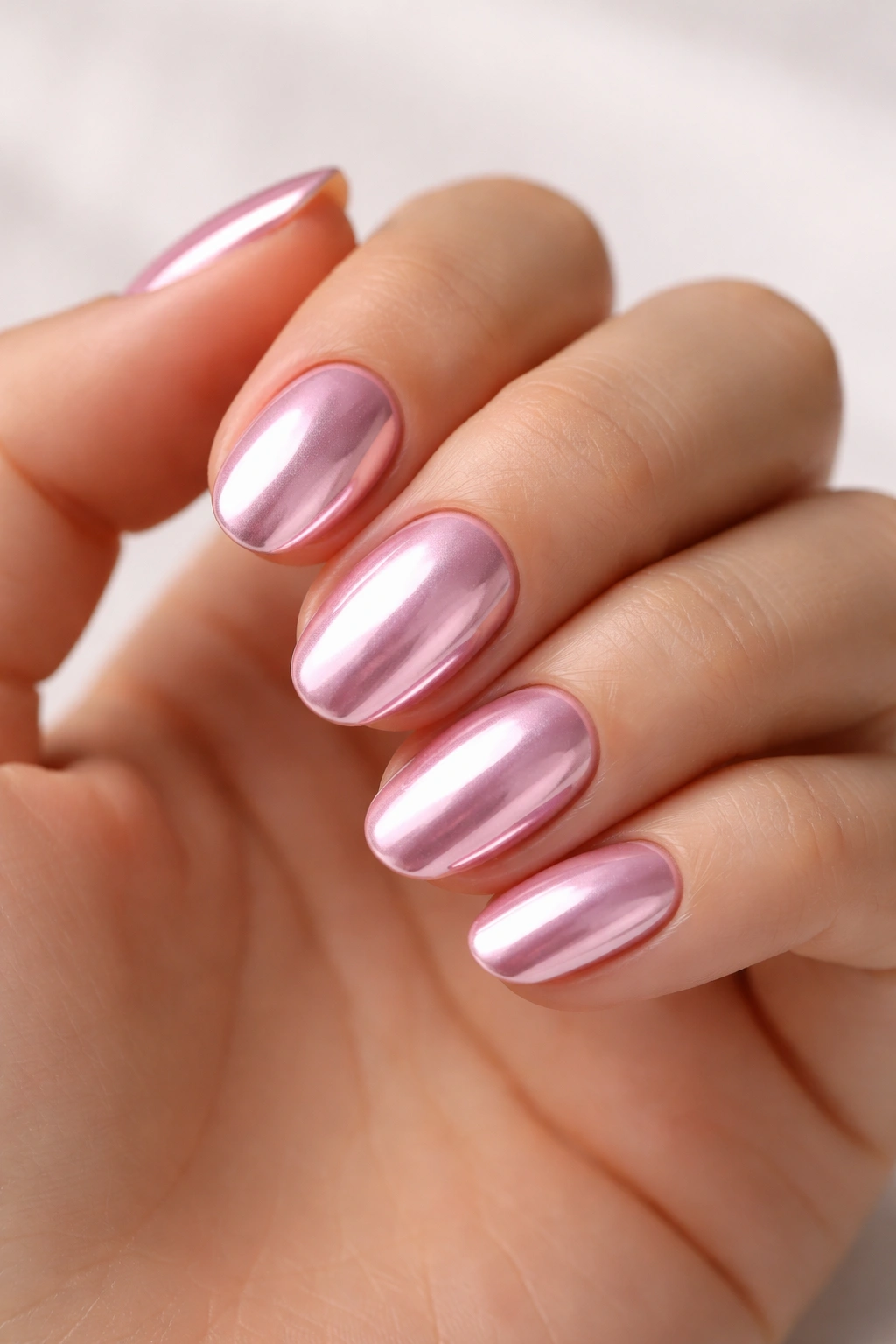 Close-up of short oval nails with pink chrome finish, highly reflective and polished