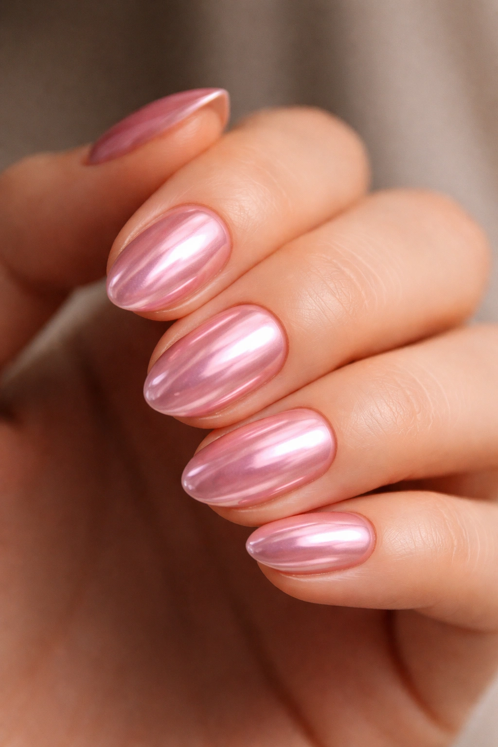 Close-up of a very short almond nail with pink chrome finish that resembles sugar glass