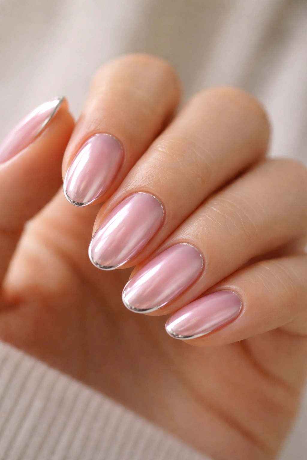 Pink chrome nails with a thin silver outline on short almond nails